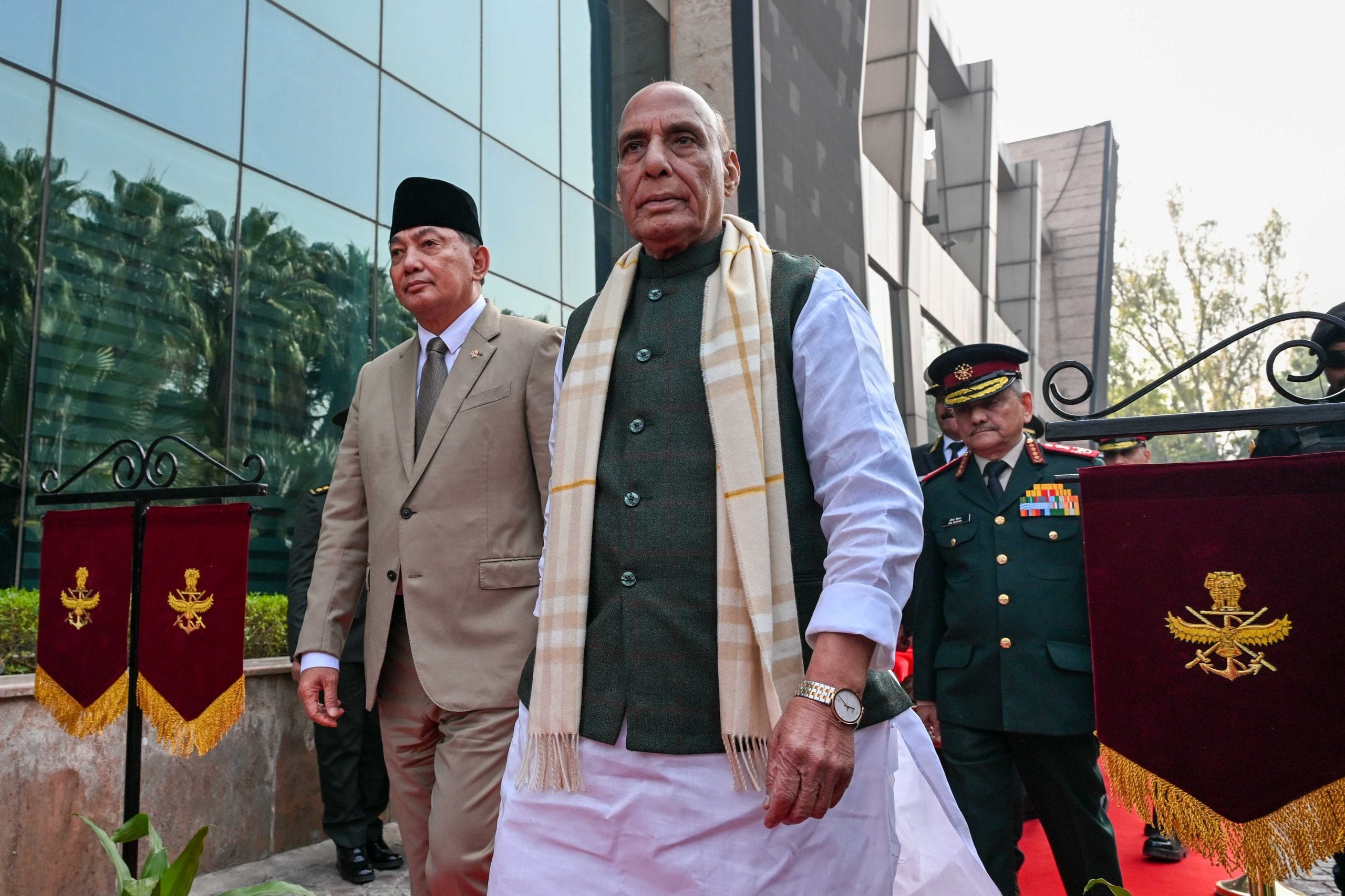Defence Minister Rajnath Singh with Indonesian counterpart Sjafrie Sjamsoeddin, and CDS Staff Gen Anil Chauhan, at Sushma Swaraj Bhawan in New Delhi on 27 November 2025 | Suraj Singh Bisht/ThePrint