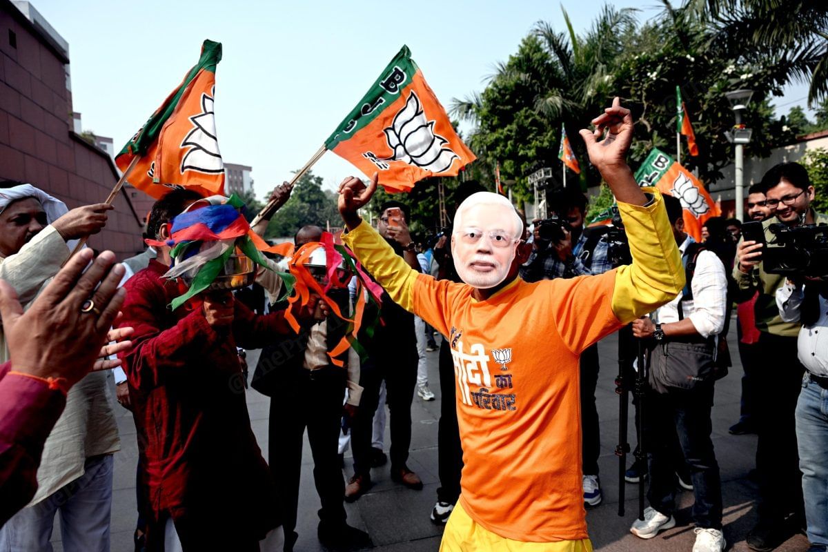 BJP supporters begin celebrations at party headquarters in Delhi as NDA continues its comfortable lead in Bihar assembly elections | Suraj Singh Bisht | ThePrint