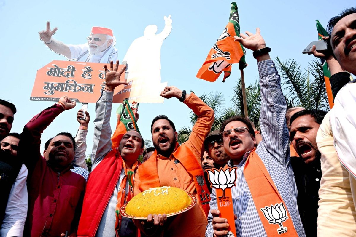 BJP supporters celebrating at party headquarters | Suraj Singh Bisht | ThePrint