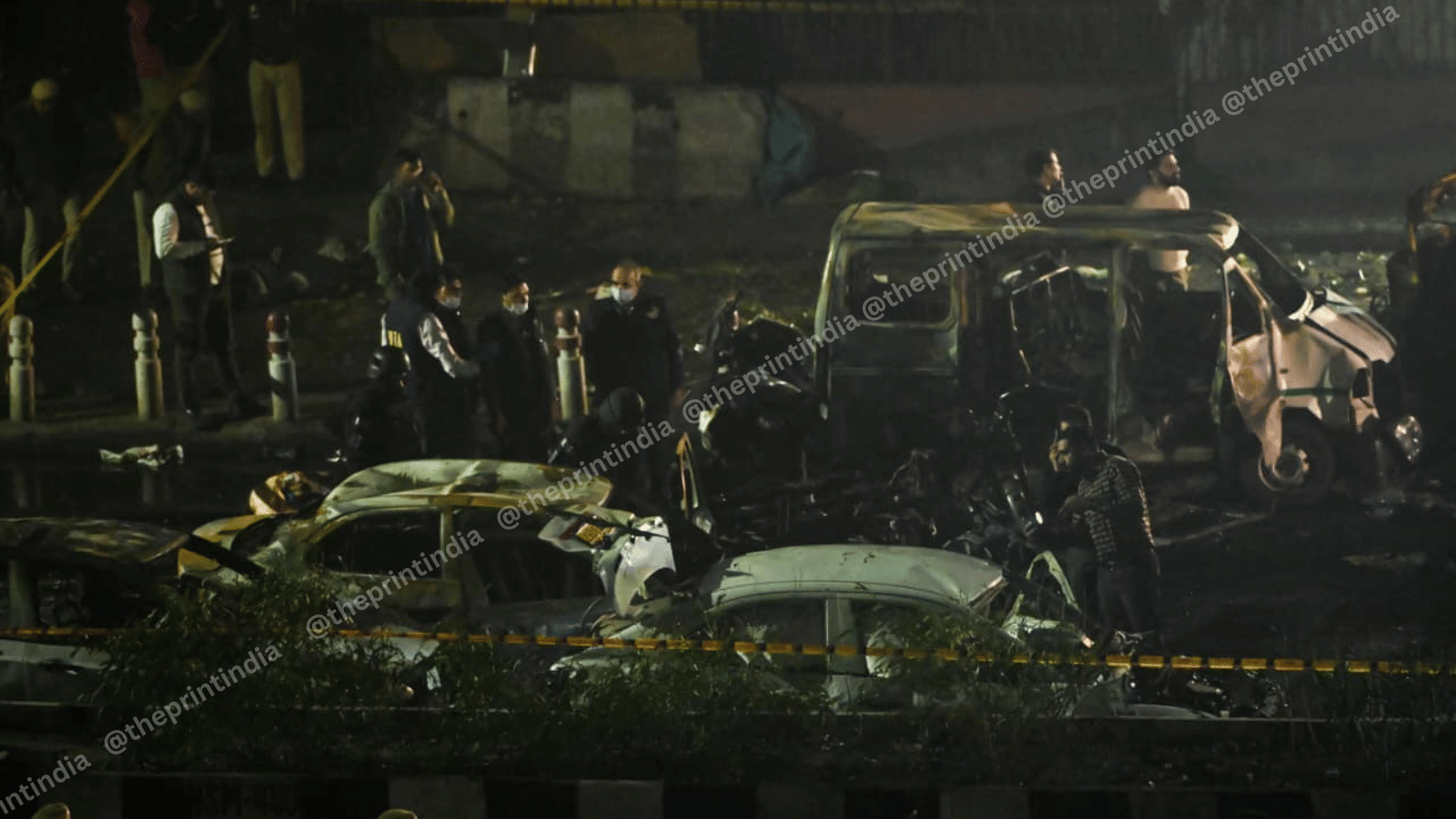 Police and investigators probing the wreckage on Monday night; the probe has been handed over to the NIA | ThePrint/Suraj Singh Bisht