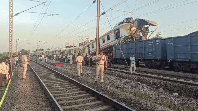 Police and people gather at the spot as the coaches of a MEMU train and a goods train collided between Gatora–Bilaspur, in Bilaspur on Tuesday. Four people lost their lives in the incident | ANI