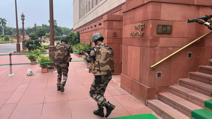 Security personnel take part in a mock drill at the Parliament House Complex (PHC) in New Delhi. | CISF via PTI