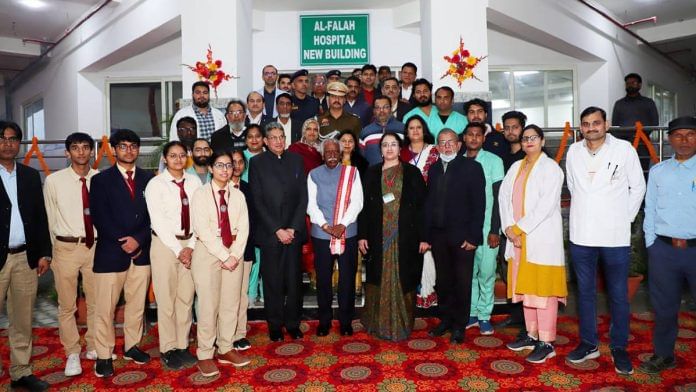 Al-Falah University founder Jawad Ahmad Siddiqui (in blue suit) with former Haryana governor Bandaru Dattatreya (centre) at the launch of the new hospital wing early this year | Photo: Al-Falah University website