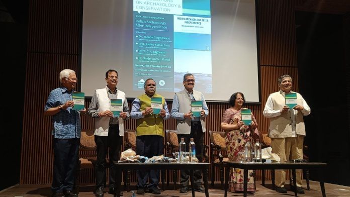 (L-R) Asim Ghosh, Amalananda Ghosh's son, Sanjay Manjul, ADG at ASI, KK Basa, Chairman at NMA, YS Rawat, DG, ASI, Himanshu Prabha Ray, author and historian and TCA Raghavan, former diplomat at the launch of 'Indian Archaeology after Independence: Amalananda Ghosh and his Legacy' | Krishan Murari | ThePrint