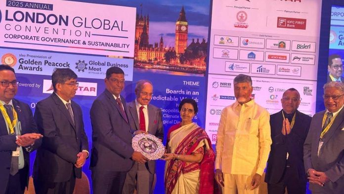 Bhuvaneswari receiving the Golden Peacock Award for Excellence in Corporate Governance in the national FMCG category in London earlier this month. Her husband, Andhra Pradesh CM Chandrababu Naidu, is also present (in white) | Photo: By special arrangement