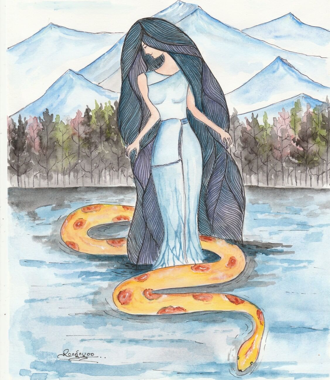 रोंगन्यू और उसके मार्गदर्शक सर्प का चित्रण | फोटो: सिक्किम प्रोजेक्ट