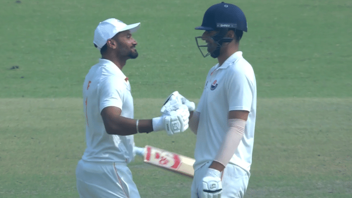 Screengrab of J&K batters celebrating their maiden Ranji Trophy victory against Delhi. | X/@BCCIdomestic