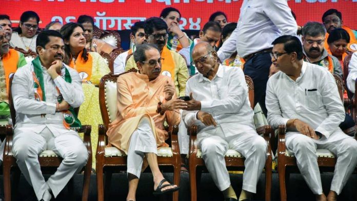 NCP(SP) chief Sharad Pawar and Shiv Sena (UBT) chief Uddhav Thackeray with Congress leaders Nana Patole and Balasaheb Thorat in Mumbai last year | Photo: ANI