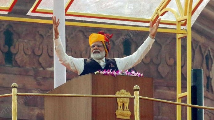 PM Narendra Modi addressing the nation from the ramparts of the Red Fort on 15 August, 2023 | Praveen Jain/ThePrint