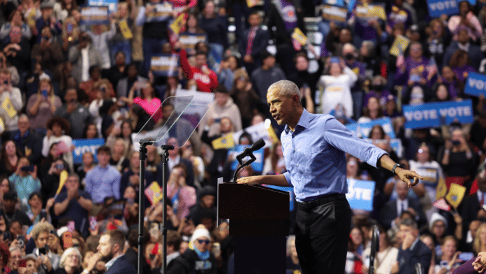 Former U.S. President Barack Obama points as he speaks during a campaign rally held by Democratic candidate for New Jersey Governor Mikie Sherrill in Newark, New Jersey on 1 November 2025. | Kylie Cooper | Reuters