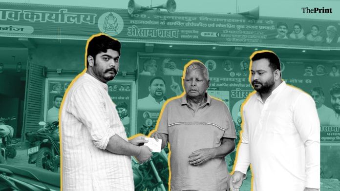 Osama Shahab with RJD leaders Lalu Prasad Yadav and Tejashwi Yadav at the time of his joining the Rashtriya Janata Dal | Illustration: Shruti Naithani /ANI