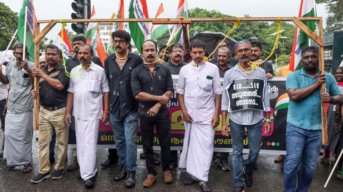 At a protest in front of the State Chief Election Commissioner's office under the leadership of the Kerala Secretariat Action Council against the suicide of BLO Aneesh George in Kannur, Thiruvananthapuram, Monday. | ANI