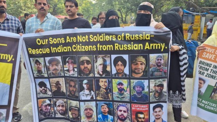 As many as 27 families from all over India—Maharashtra, Rajasthan, Telangana, Haryana, Punjab— staged a protest in New Delhi Monday claiming their kin had been duped into joining the Russian armed forces | Shubhangi Misra | ThePrint