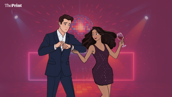 An illustration of a dance floor, with a man dressed in officewear checking his watch and his girlfriend, dressed in a party dress, holding a wine glass