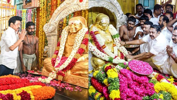 Tamil Nadu CM MK Stalin (L) and AIADMK gen secy EPS (R) paying tribute to Pasumpon Muthuramalinga Thevar on his 118th birth anniversary, in Ramanathapuram on 30 October, 2025 | ANI