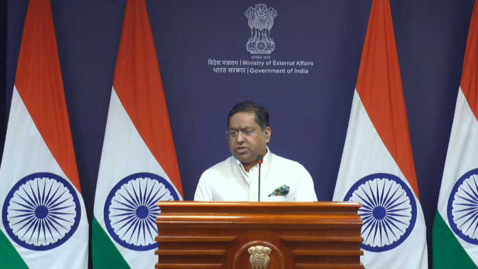 Ministry of External Affairs spokesperson Randhir Jaiswal addresses a press conference in New Delhi Friday. | X/@MEAIndia