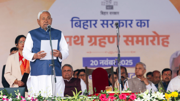 JD(U) supremo Nitish Kumar takes oath as Bihar CM at Patna's Gandhi Maidan on Thursday | PTI