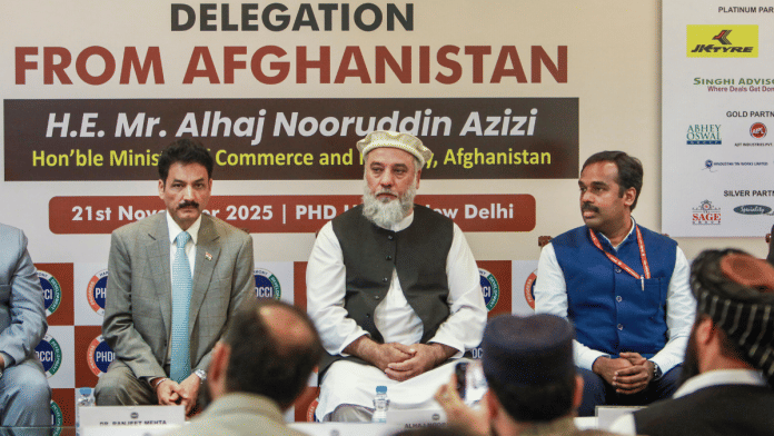 Afghan Minister of Industry and Commerce Alhaj Nooruddin Azizi (centre) with Joint Secretary (PAI) MEA M. Anand Prakash (right) during an interactive session in New Delhi on Friday | PTI