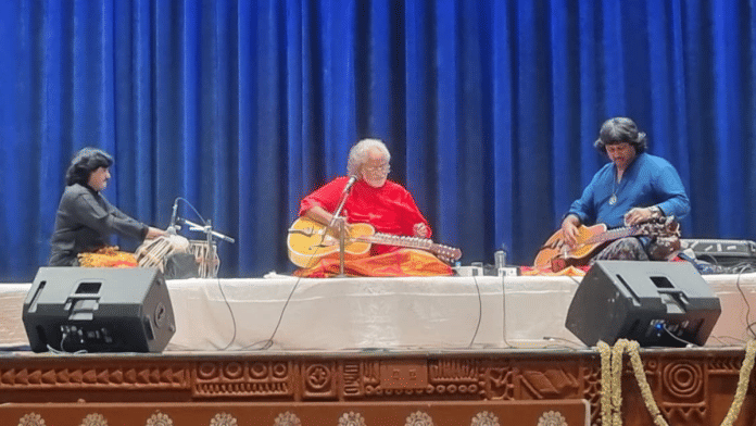 Pandit Vishwa Mohan Bhatt flanked by Pandit Himanshu Mahant (left) on tabla and Salil Bhatt (right) on Mohan Veena at the performance | Vaibhav Pant | ThePrint