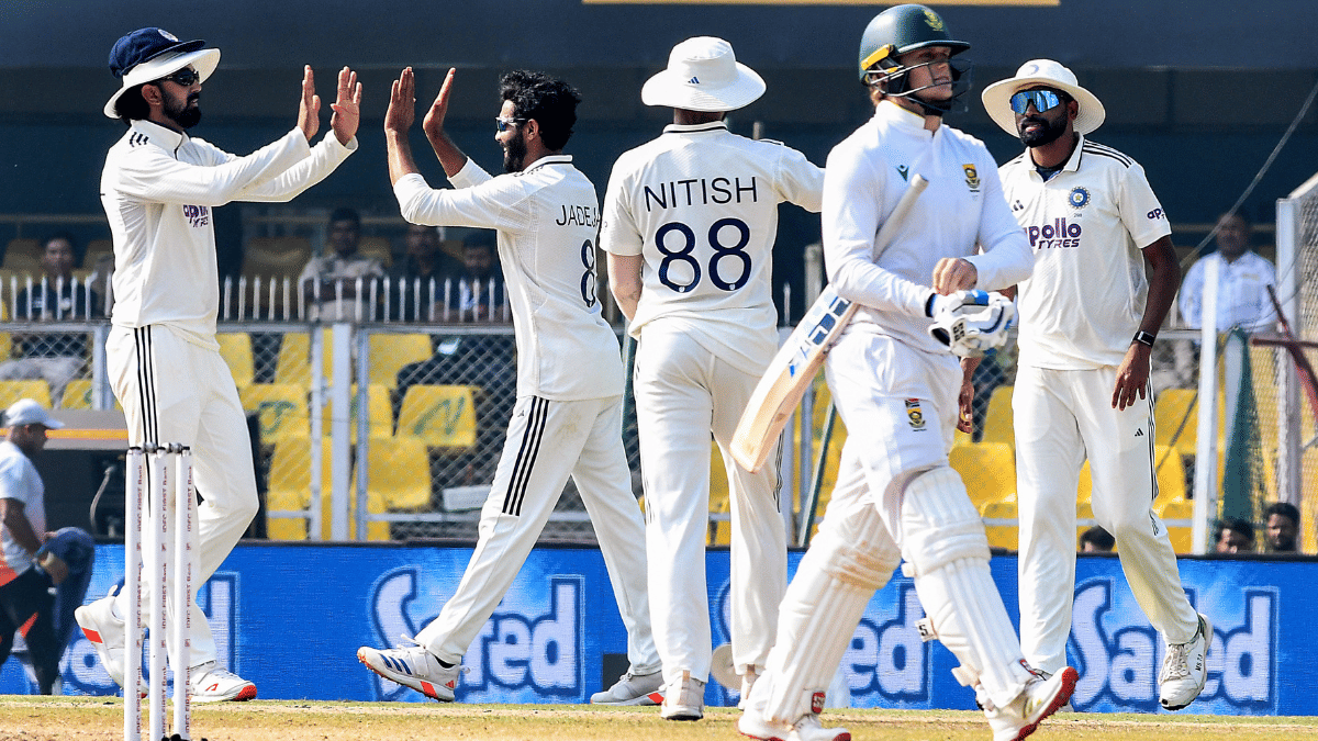 Indian players celebrate the wicket of a South African batter in the second Test. | ANI