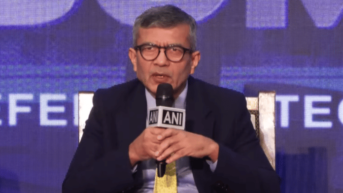 Screengrab of Defence Secretary Rajesh Singh speaking at a defence conclave Thursday. | YouTube/ANI News