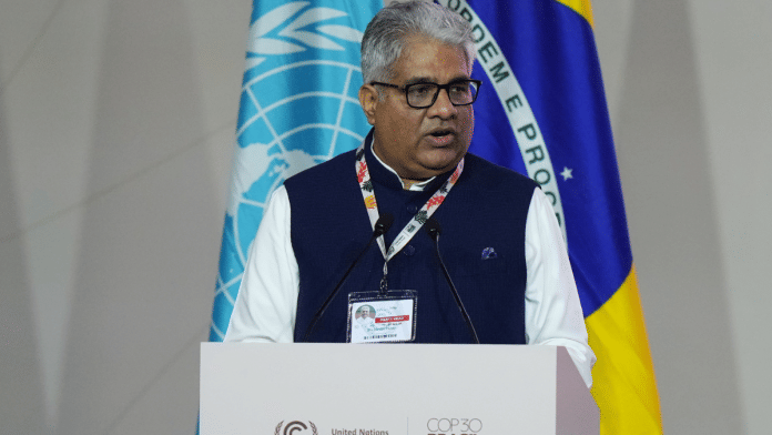 Union Environment Bhupender Yadav speaks during a plenary session at COP30 UN Climate Summit in Belem, Brazil | AP via PTI