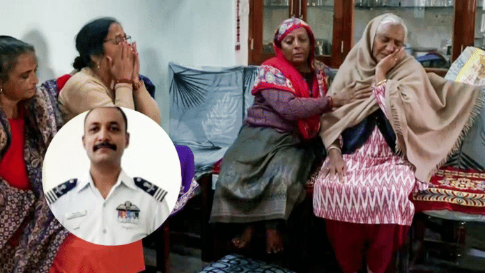 Relatives of Wing Commander Namansh Syal (inset) mourn his loss at Patiyalkar village, in Kangra on Saturday | ANI