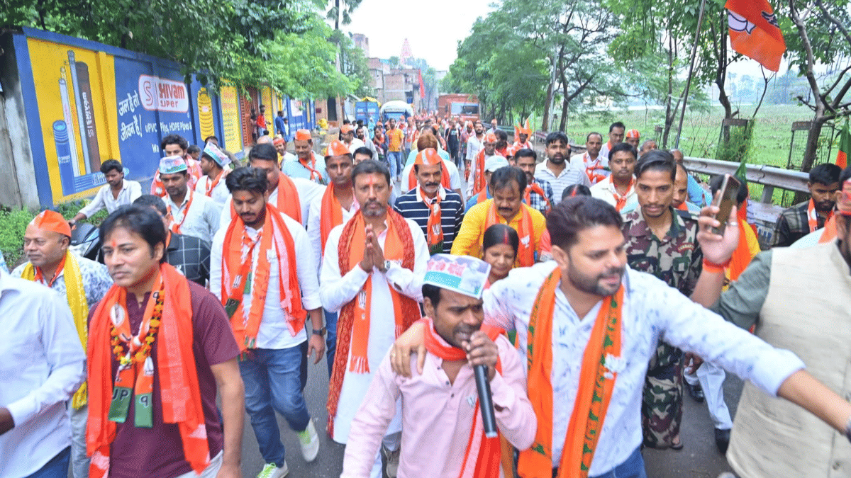 BJP candidate Ratnesh Kushwaha (with his hand folded) during a campaign in Patna Sahib | X/@RatneshKBJP
