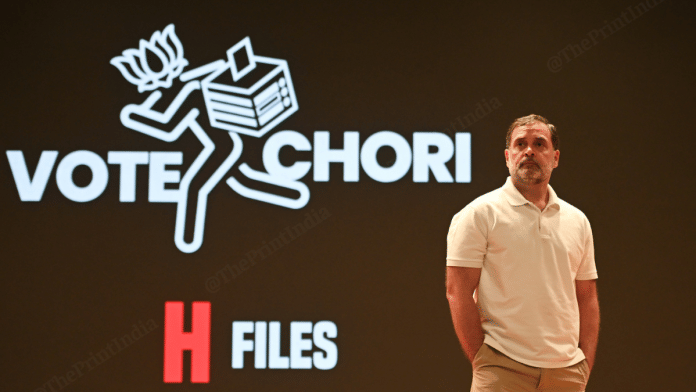 A photo of Lok Sabha Leader of Opposition Rahul Gandhi addressing a press conference on ‘vote chori’, in New Delhi on 5 November, 2025 | ThePrint/Praveen Jain