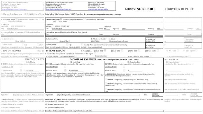 Lobbying disclosure to US Senate | Source: https://lda.senate.gov/