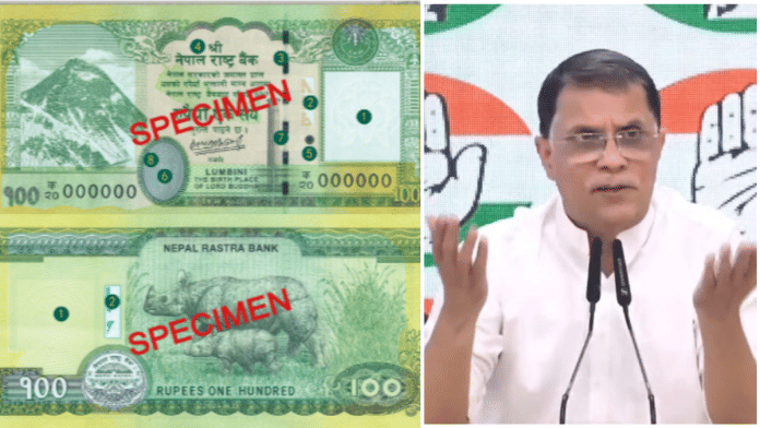 File photo of Nepal's newly lauches Rs 100 banknote (left) and Congress leader Pawan Khera | X (@NepalRastraBank)/(@Pawankhera)