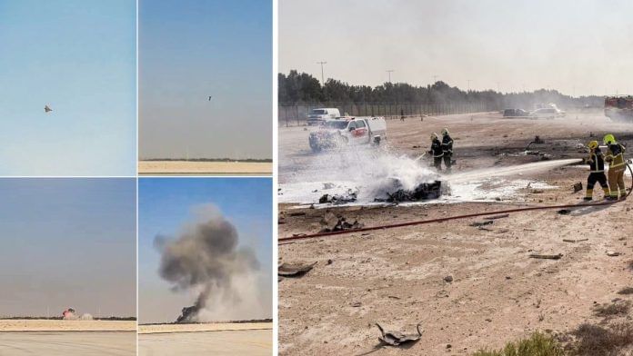 (Left) Smoke billows out as India's Tejas fighter aircraft crashes at the Dubai Airshow, in Dubai on Friday | ANI Video Grab/gulf_news; (Right) Firefighting operations underway | @DXBMediaOffice X/ANI
