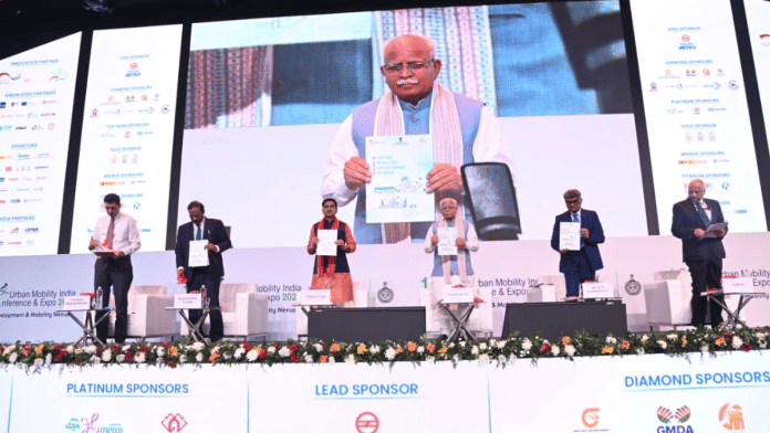Union Minister for Housing, Urban Affairs and Energy Manohar Lal Khattar at 8th Urban Mobility India Conference-cum-Exhibition 2025 in Gurugram, Thursday, 7 Novermber | X/@mlkhattar