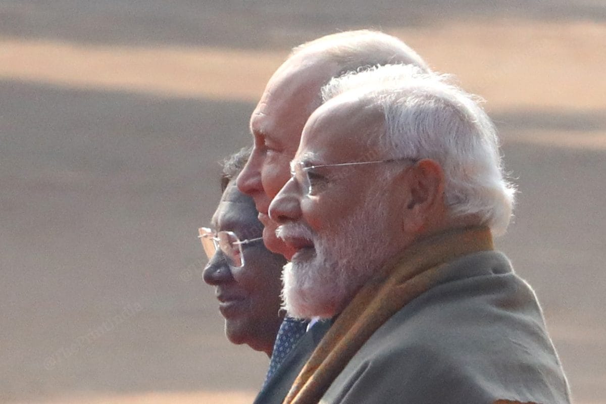 President Droupadi Murmu, Russian President Vladimir Putin & PM Narendra Modi at the Rashtrapati Bhavan on Friday | Praveen Jain | ThePrint