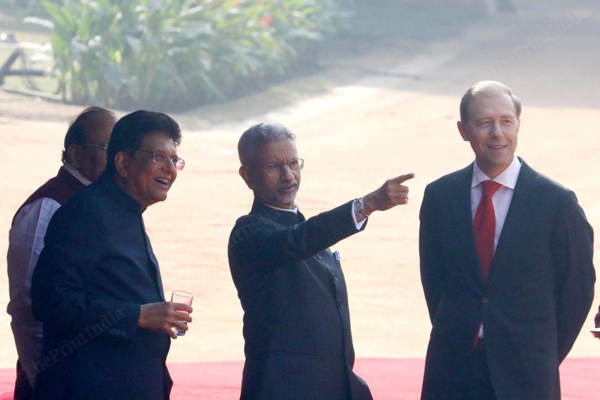Commerce and Industry Minister Piyush Goyal, External Affairs Minister S Jaishankar and First Deputy Prime Minister of Russia Denis Manturov at Rashtrapati Bhavan | Praveen Jain | The Print