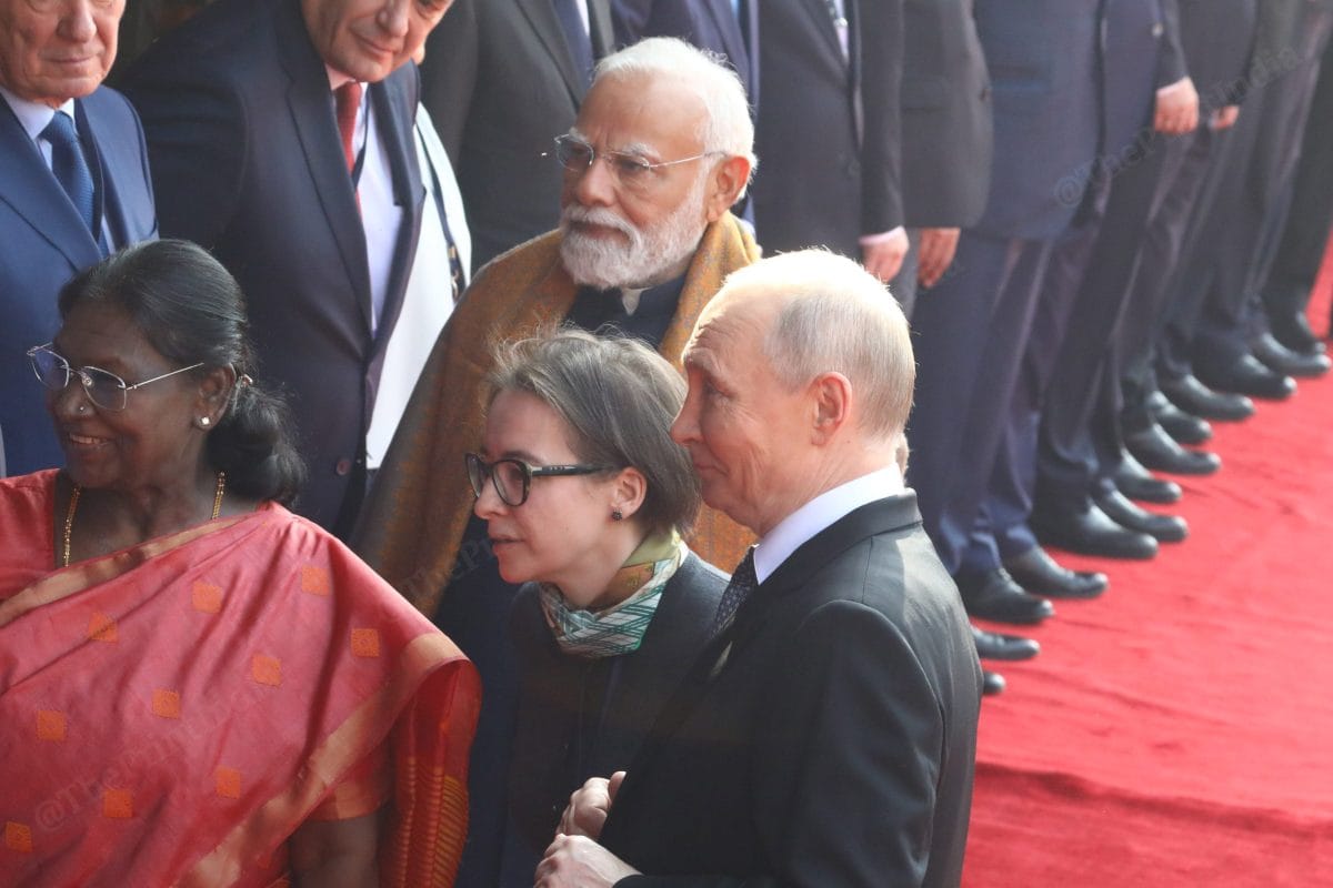 President Droupadi Murmu, PM Narendra Modi and Russian President Vladimir Putin along with his translator at the Rashtrapati Bhavan | Praveen Jain | ThePrint
