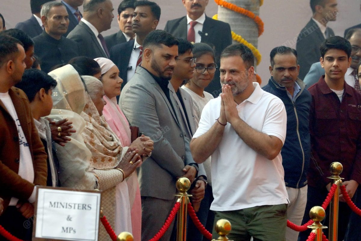 LoP Rahul Gandhi greets the family members of the security personnel killed in the 2001 Parliament attack. | Praveen Jain/ThePrint