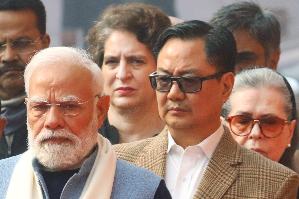 PM Modi,Union minister Kiren Rijiju, and Congress leaders Sonia Gandhi and Priyanka Gandhi at Parliament House complex to pay tribute to the fallen heroes of the 2001 attack. | Praveen Jain/ThePrint 