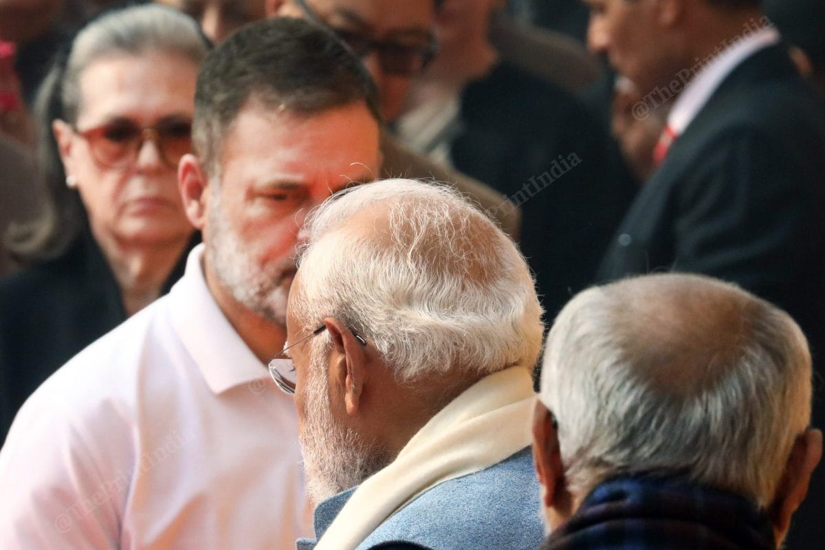 Vice President C. P. Radhakrishnan, PM Modi, LOP Rahul Gandhi and CPP leader Sonia Gandhi outside the Parliament House. | Praveen Jain/ThePrint