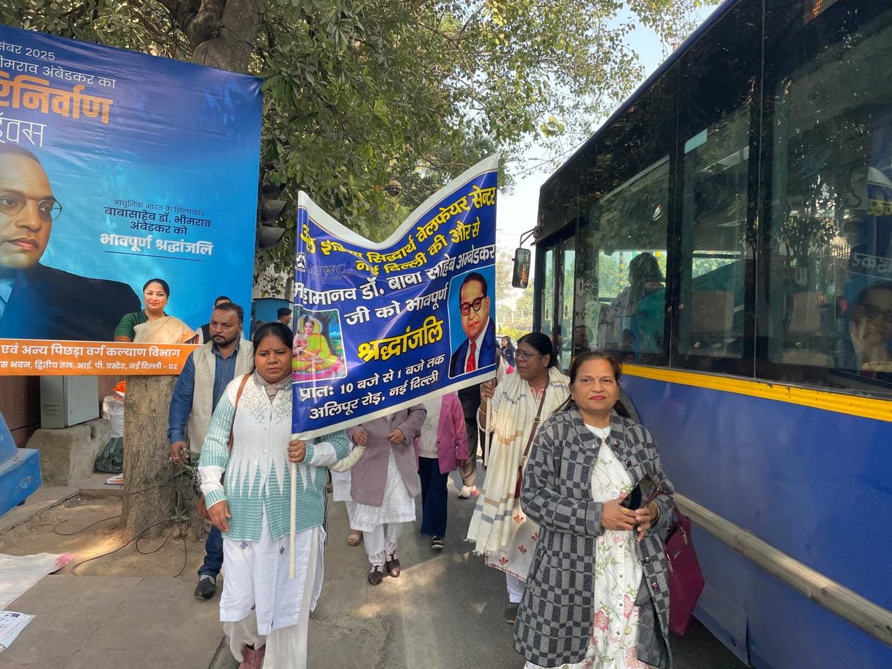 A group arrives at the memorial, chanting slogans of "Jai Bhim" | Udit Hinduja, ThePrint