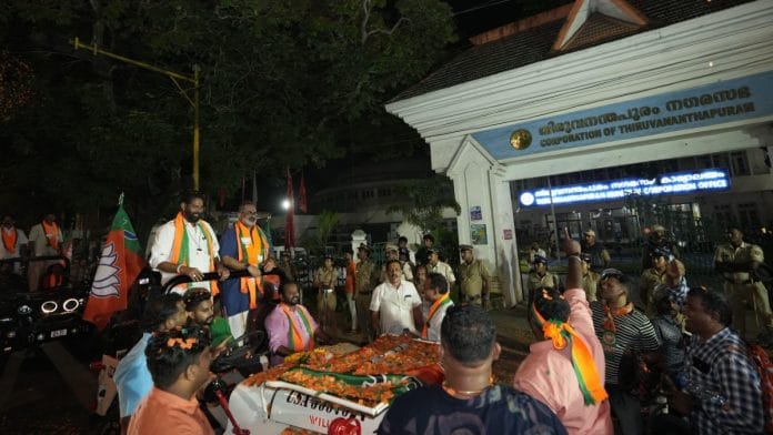 Kerala BJP chief Rajeev Chandrasekhar leading a rally to celebrate the party's win in the Thiruvananthapuram Municipal Corporation on 15 December, 2025 | X @BJP4Keralam