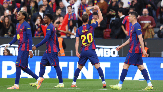 Barcelona's Dani Olmo celebrates after scoring a goal against Deportivo Alaves in La Liga | Reuters
