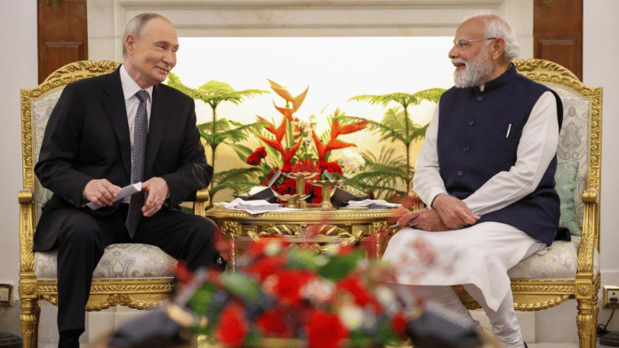 Prime Minister Narendra Modi with Russian President Vladimir Putin in New Delhi Friday. | PM Modi via X