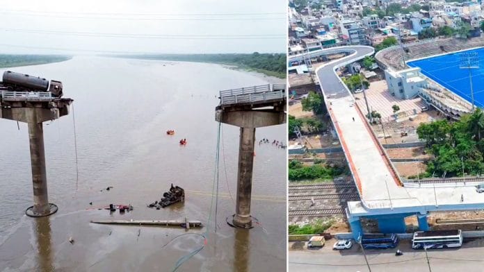 Two photos showing the Gambhira bridge collapse in Gujarat's Padra and Aishbagh Railway Overbridge in Bhopal