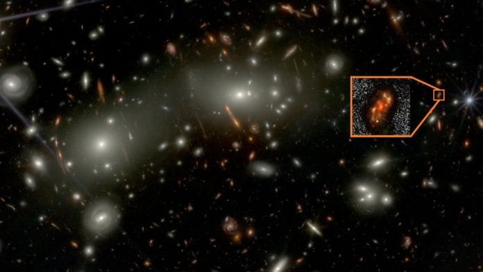 A photo of many galaxies from the James Webb Space Telescope, with Alaknanda highlighted through a zoom-in. It appears as an organge spiral