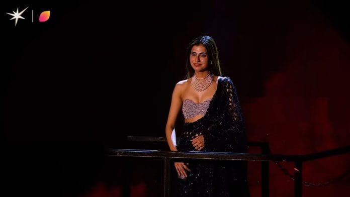 Farrhana Bhatt clad in a black sari and silver blouse on Bigg Boss 19 finale.