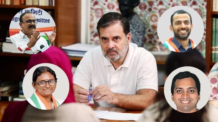 Clockwise from top left: Maharashtra Congress chief Harshwardhan Sapkal; Bihar in-charge Krishna Allavaru; Sachin Rao, head of the Congress’s training department; Meenakshi Natarajan, the AICC in-charge of Telangana | Source: ANI/INC website