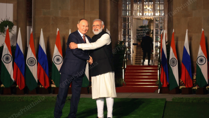 Prime Minister Narendra Modi receives Russian President Vladimir Putin at Hyderabad House | Praveen Jain, ThePrint