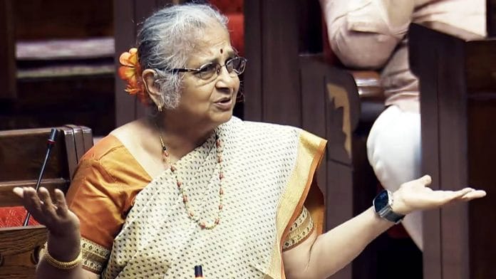 Rajya Sabha MP Sudha Murty during the winter session of Parliament in New Delhi this week | Photo: Sansad TV/ANI