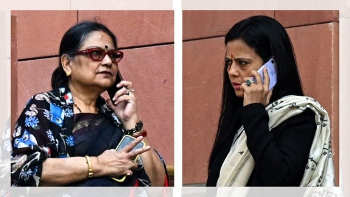 TMC MPs Kakoli Ghosh Dastidar and Mahua Moitra outside the Parliament Monday | ANI